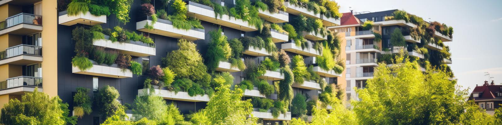 Blomstrande grön vertikal trädgård för klimatanpassning. 